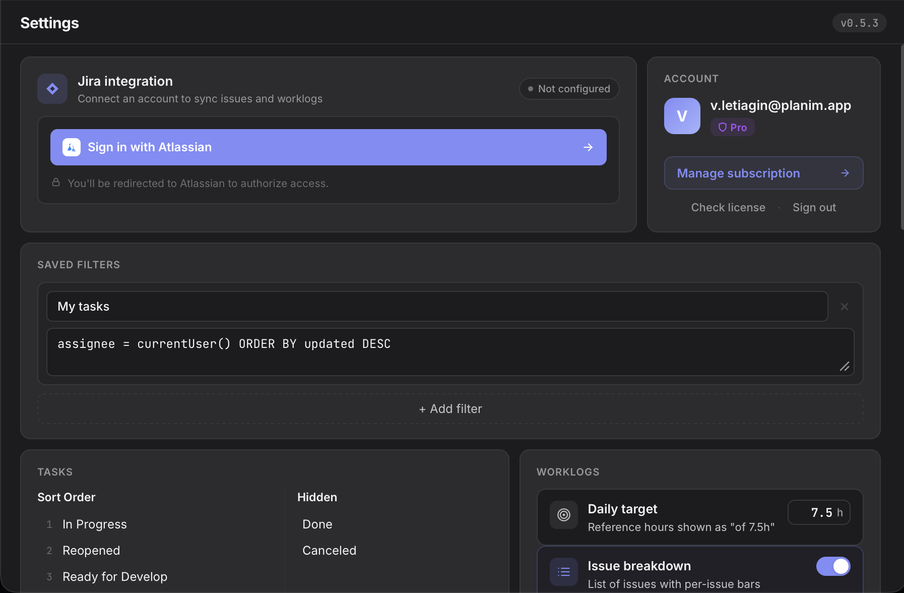 Settings screen with the Sign in with Atlassian button for the Jira connection