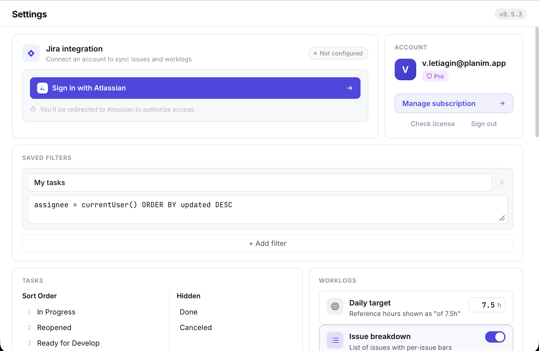 Settings screen with the Sign in with Atlassian button for the Jira connection